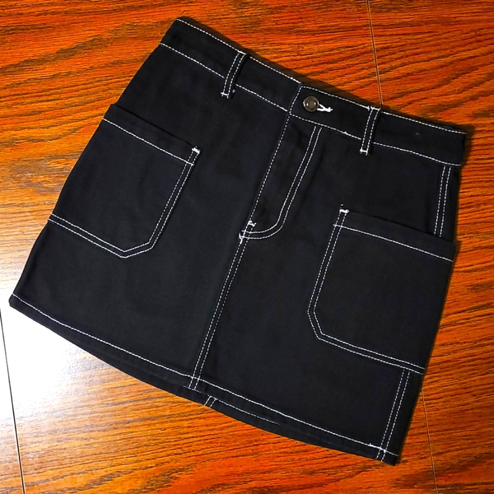 Black Denim Mini Skirt with White Thread Accent Detailing - Contrast